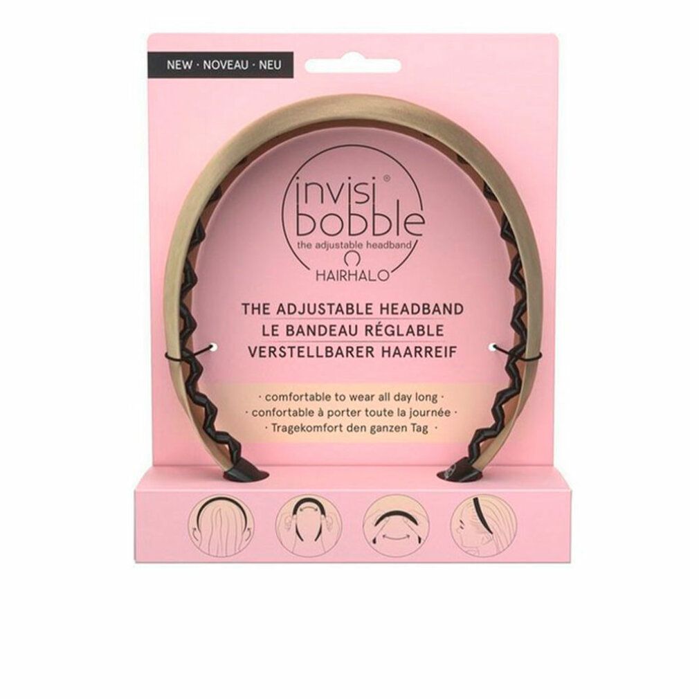 Verstellbares Haarband auf rosa Verpackung. Schwarze Details, goldfarbenes Band. Text: Hairhalo, The Adjustable Headband.