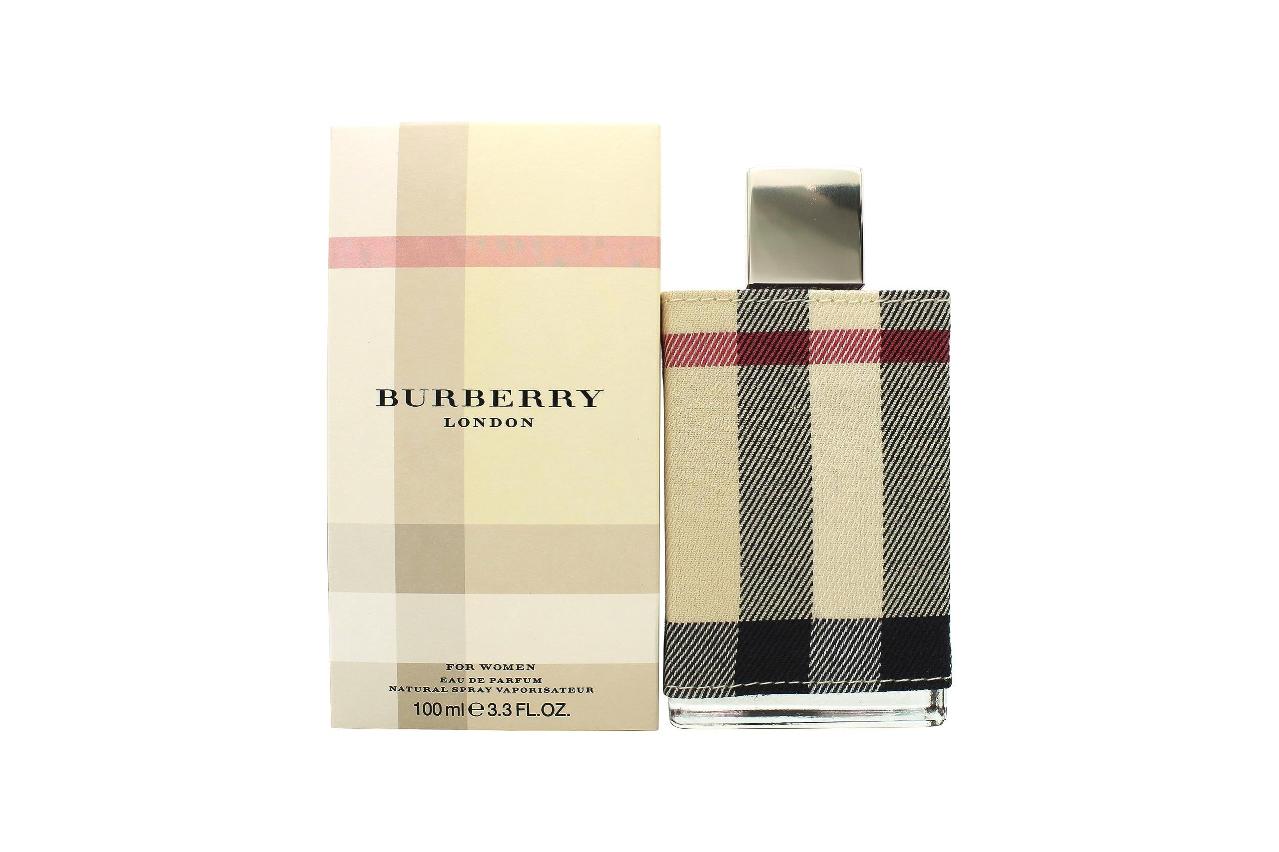 Burberry London Eau de Parfum für Damen. Flakon und Verpackung mit Karomuster. Schwarzer Verschluss.