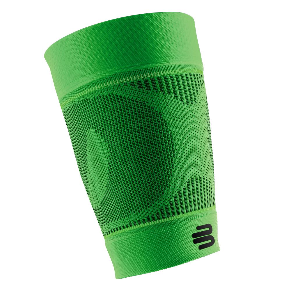 Grüne Kompressionsbandage für den Oberschenkel. Logo unten rechts. Strukturierte Oberfläche.