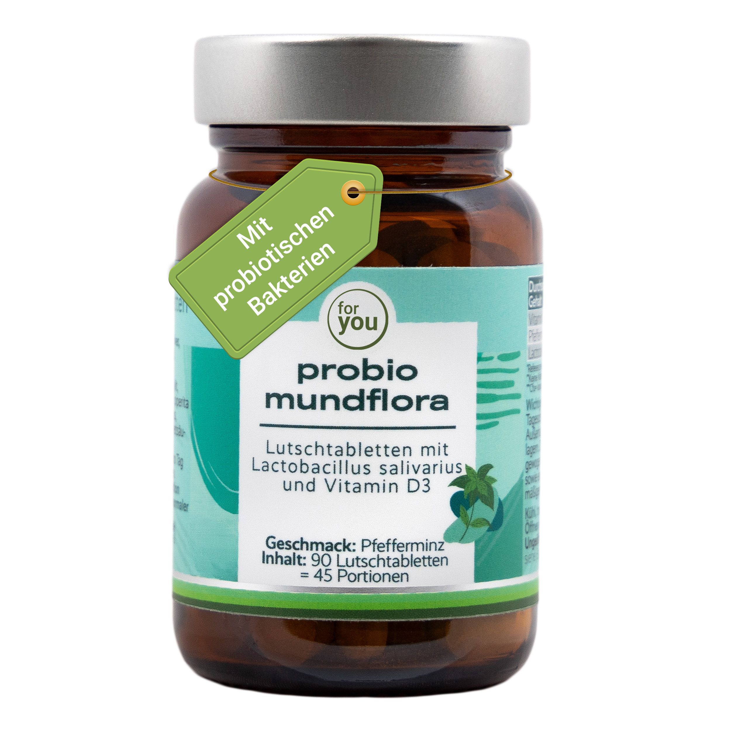 Flasche Probio Mundflora mit Etikett 'Mit probiotischen Bakterien'. Enthält 90 Lutschtabletten.