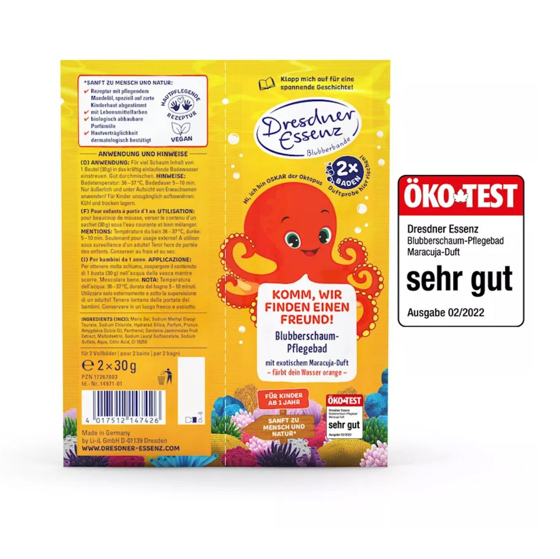 Gelbe Verpackung mit Produktabbildung und Text. Oktopus-Illustration. "Blubberschaum-Pflegebad". ÖKO-TEST Siegel.