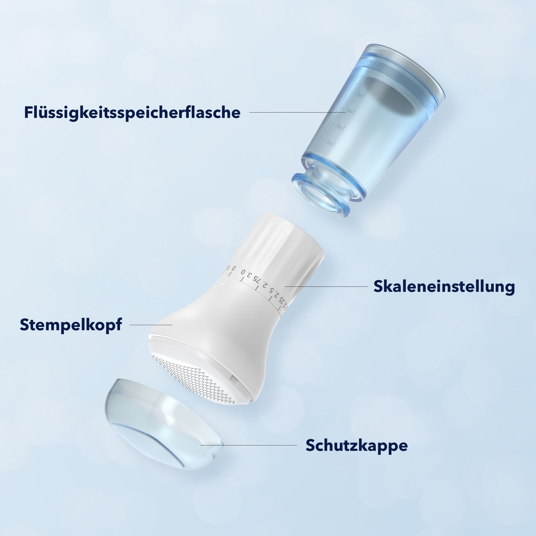 Zerlegte Ansicht des Derma Stamps. Flüssigkeitsspeicherflasche, Stempelkopf, Schutzkappe und Skaleneinstellung. Blaue und transparente Elemente.