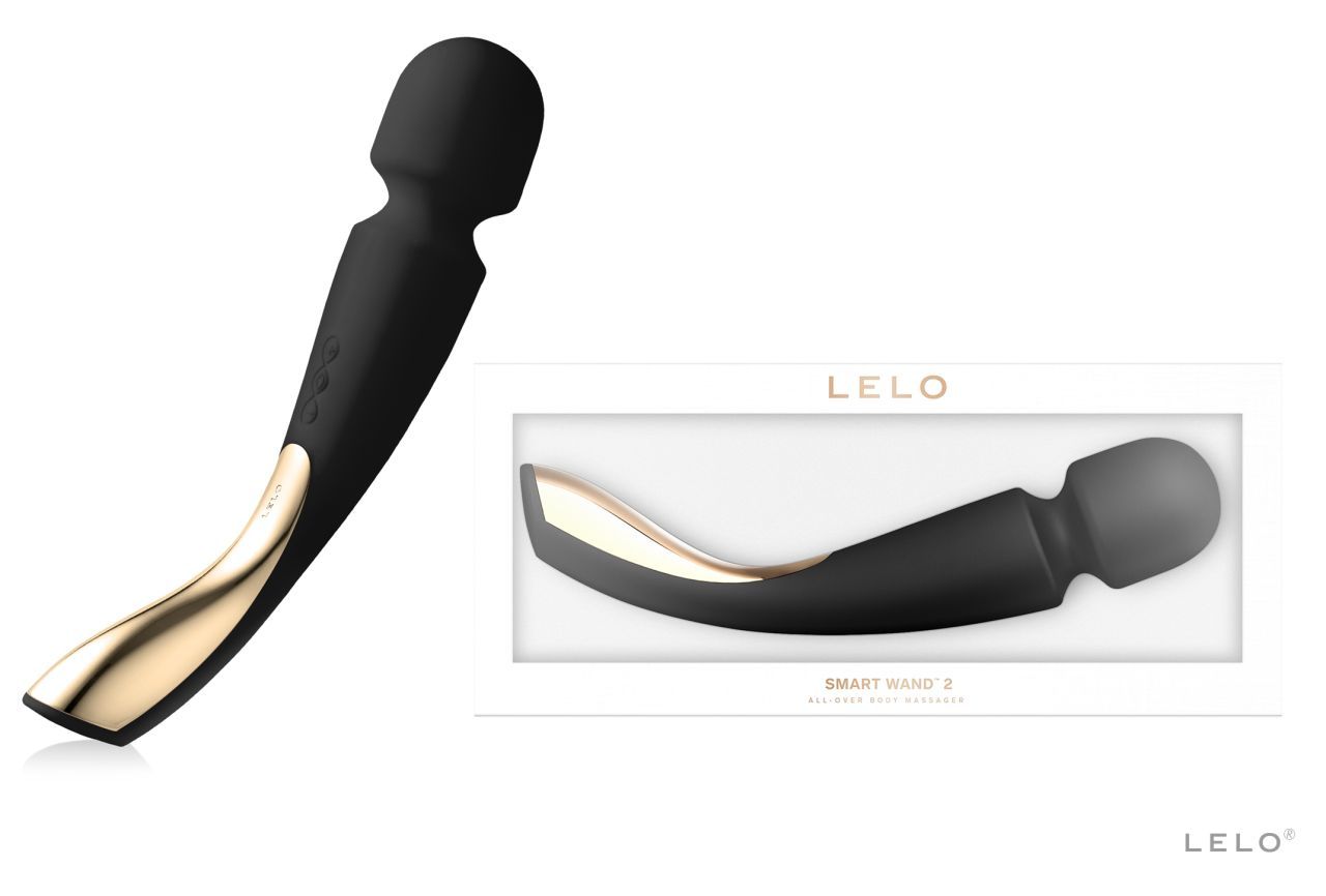 Massagestab und Verpackung. Schwarz-gold, LELO Smart Wand 2. 