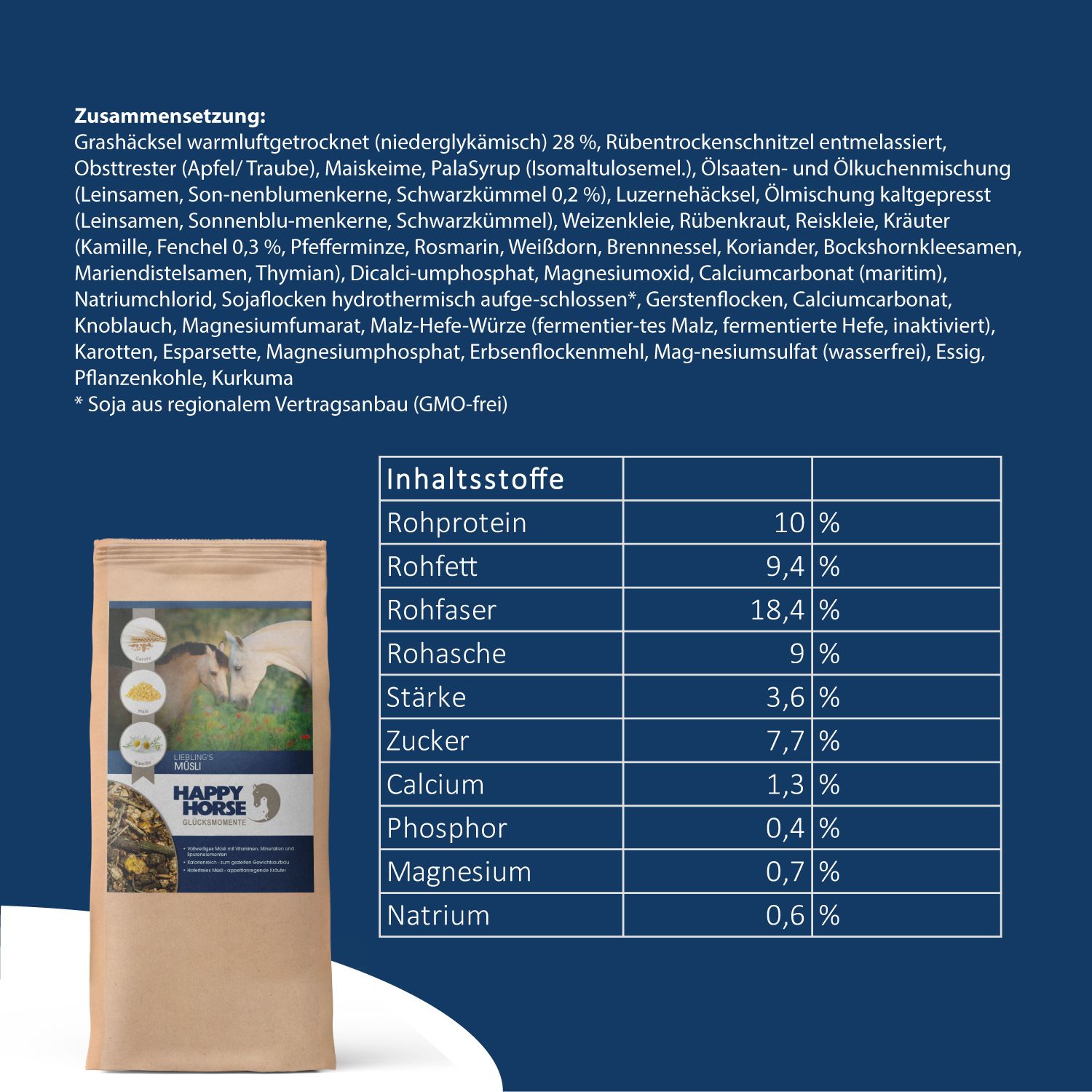 Beutel Happy Horse Kräuter-Müsli. Inhaltsstoffe und Nährwerttabelle. Produktname und Logo sichtbar.