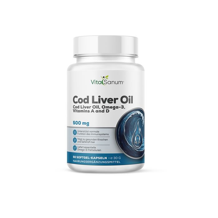 VitaSanum®-Flasche mit Cod Liver Oil-Kapseln. Enthält Omega-3, Vitamin A und D. 500 mg pro Kapsel. 90 Kapseln.