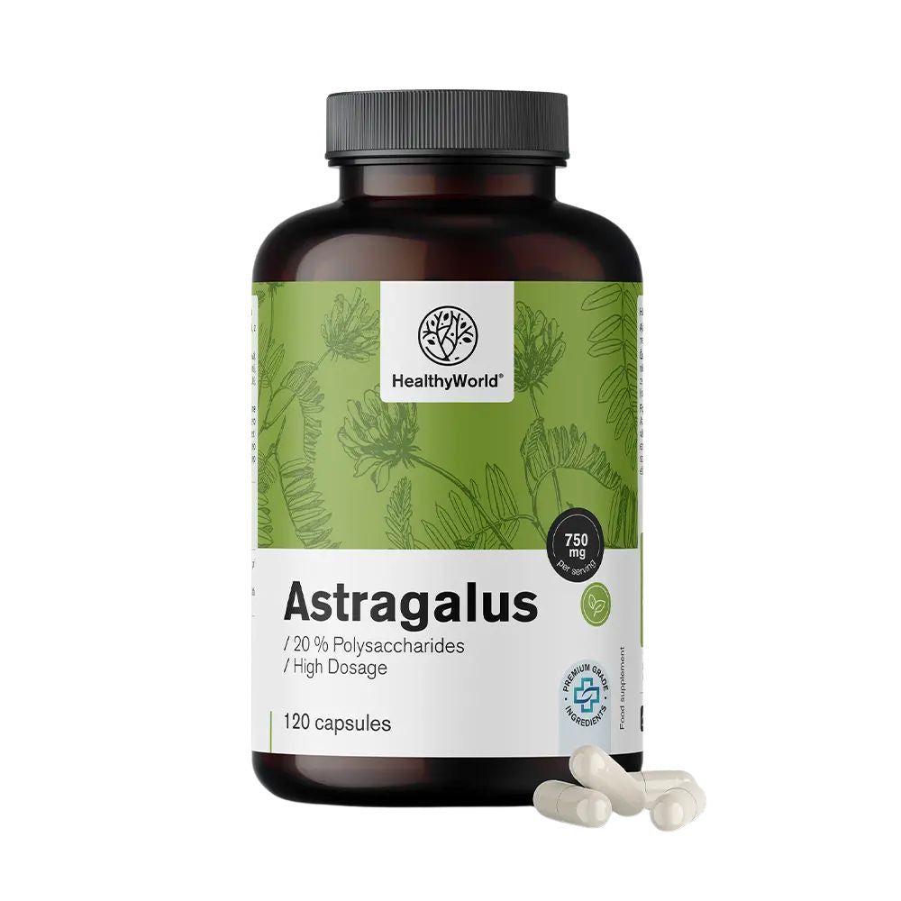 Braune Flasche mit grüner Etikettierung. Aufschrift: Astragalus, 120 Kapseln. Einige Kapseln liegen daneben.