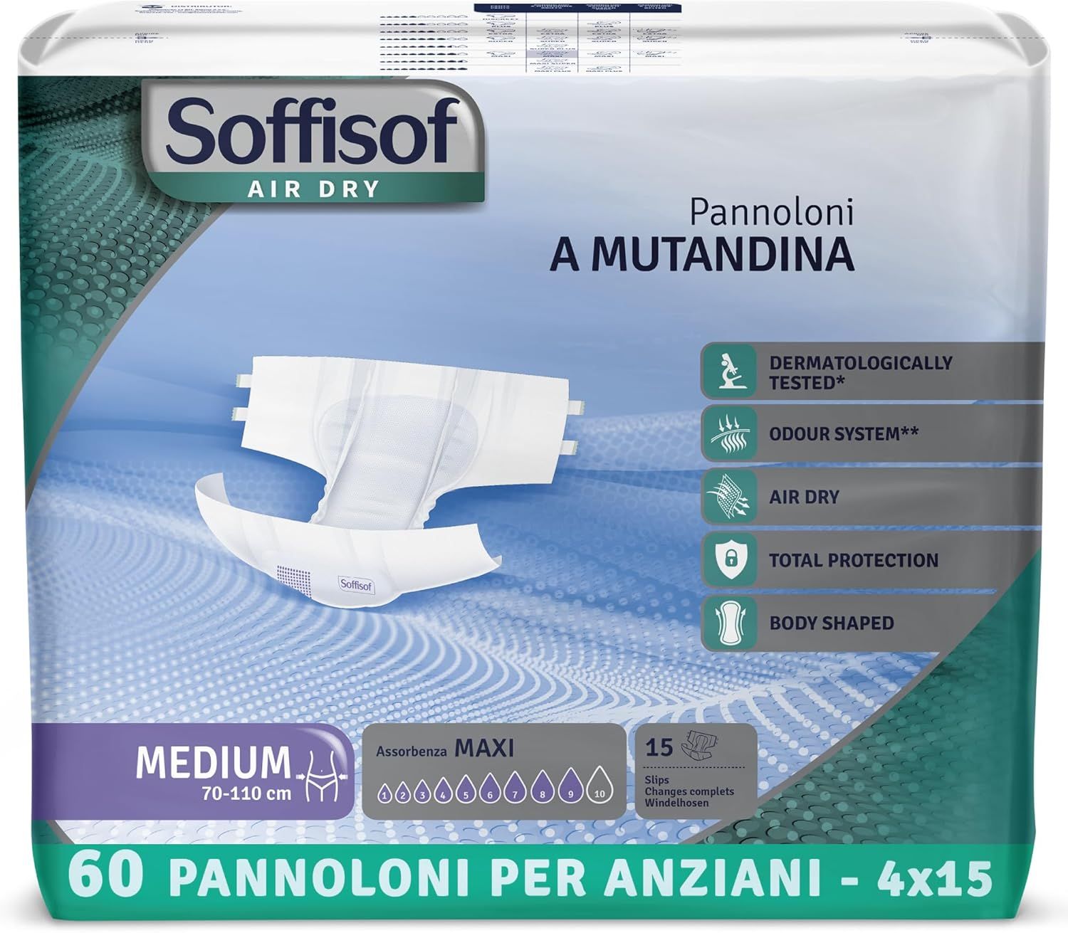 Verpackung mit Soffisof Air Dry Windeln für Erwachsene Maxi. Medium, 70-110 cm. 60 Stück. Dermatologisch getestet.