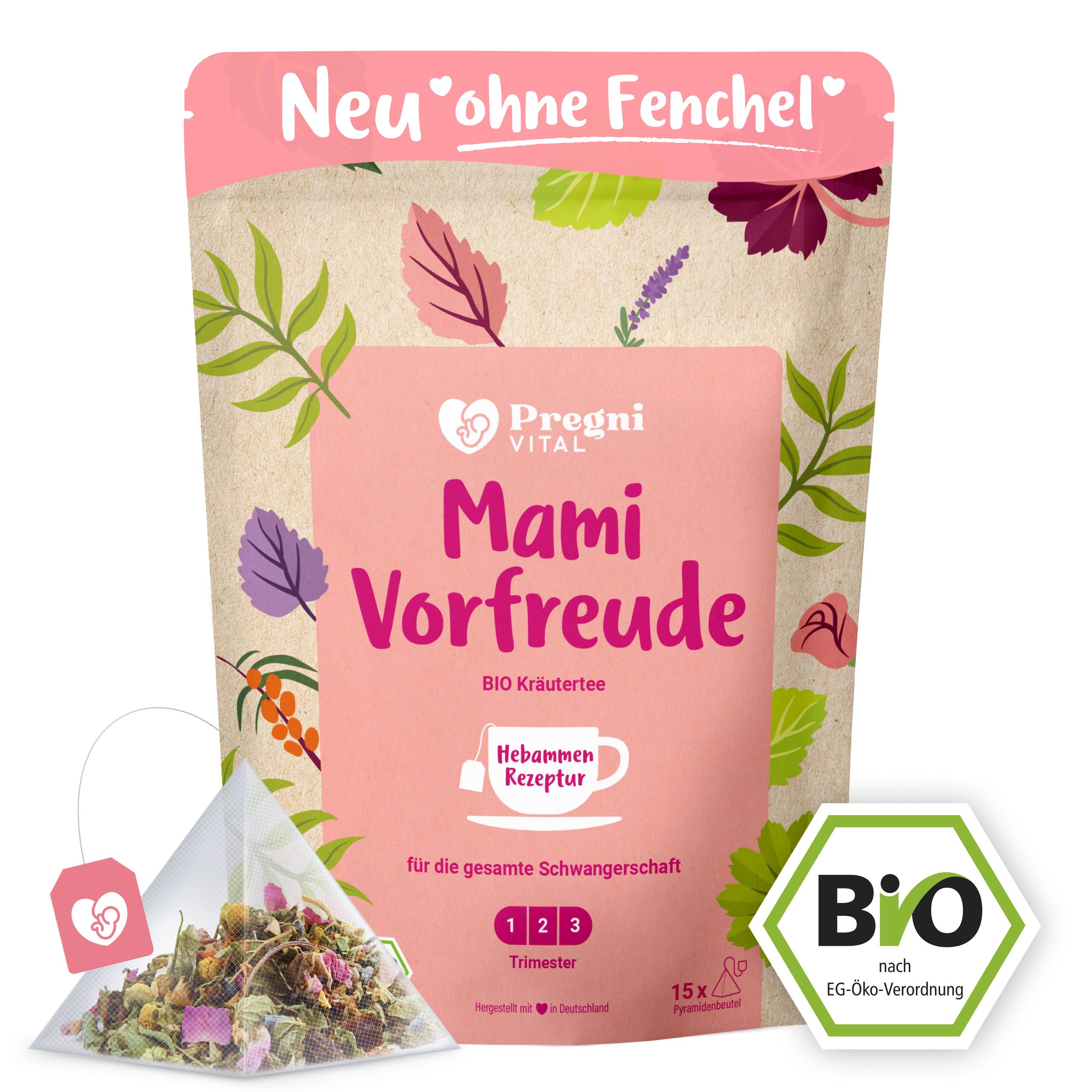 Packung Mami Vorfreude BIO Schwangerschaftstee mit Kräutertee-Beutel und BIO-Siegel.