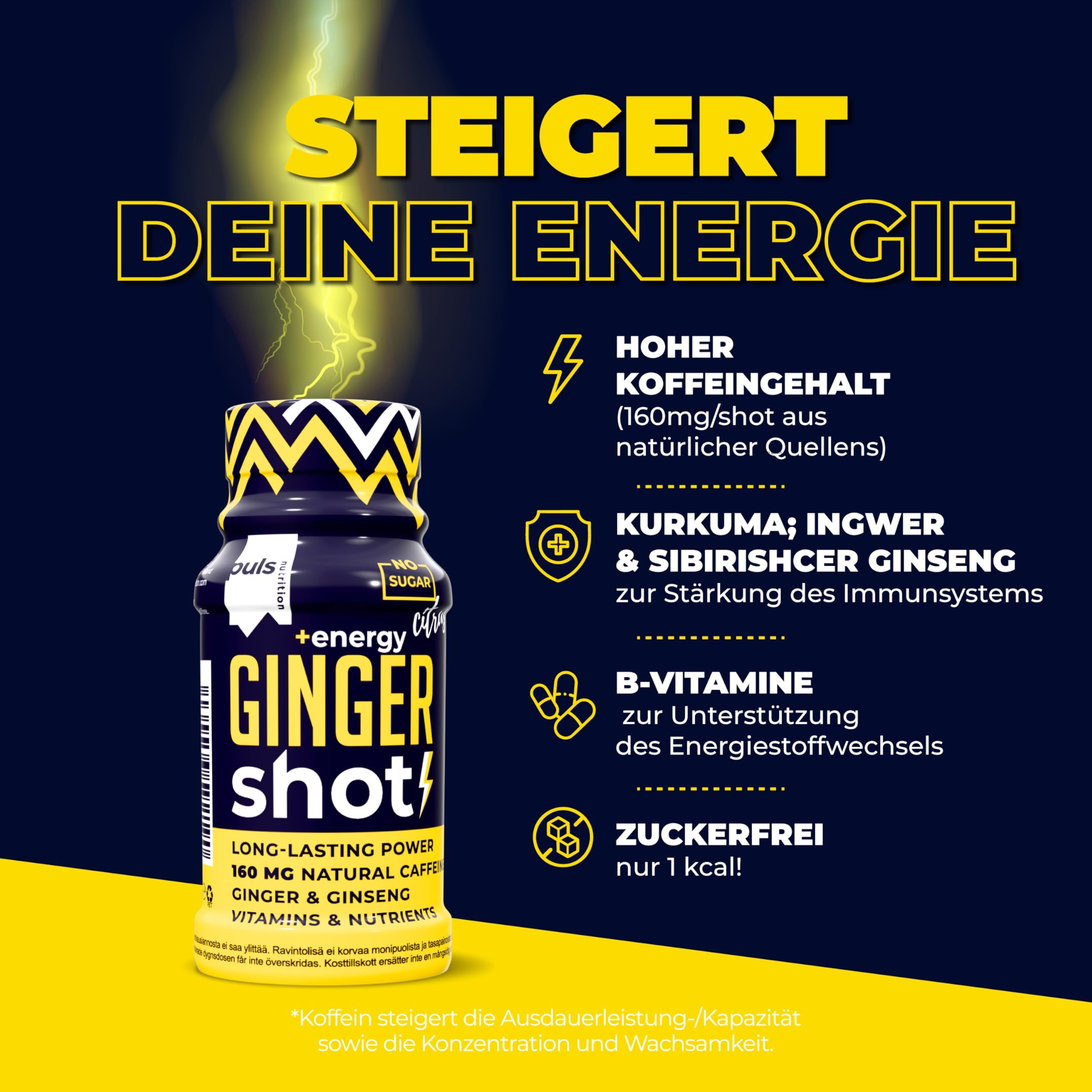 Energie-Shot mit Ingwer, Koffein, Kurkuma und Ginseng. Zuckerfrei, vegan.