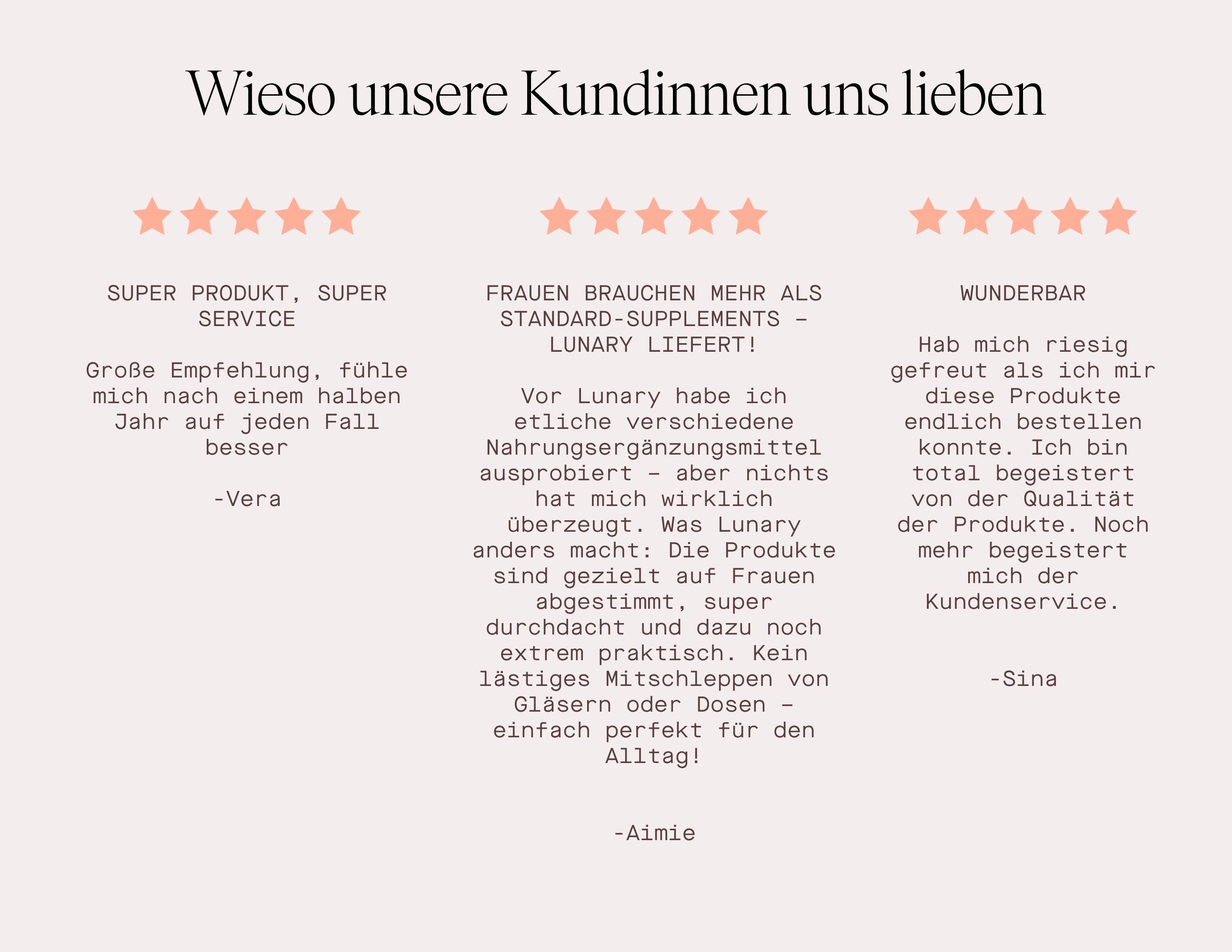 Text auf beigem Hintergrund: Wieso unsere Kundinnen uns lieben. Zitate von Kunden. Sternebewertungen.