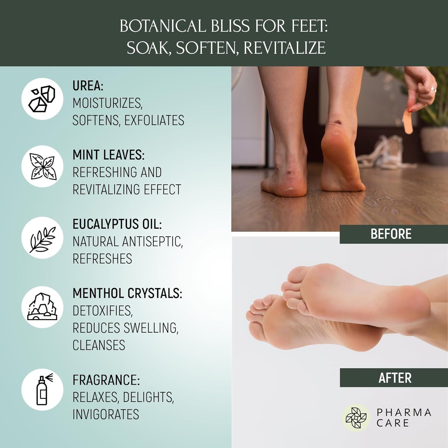 Vorher-Nachher-Vergleich von Füßen. Text: Urea, Mint Leaves, Eucalyptus Oil, Menthol Crystals, Fragrance. Logos: Pharma Care.