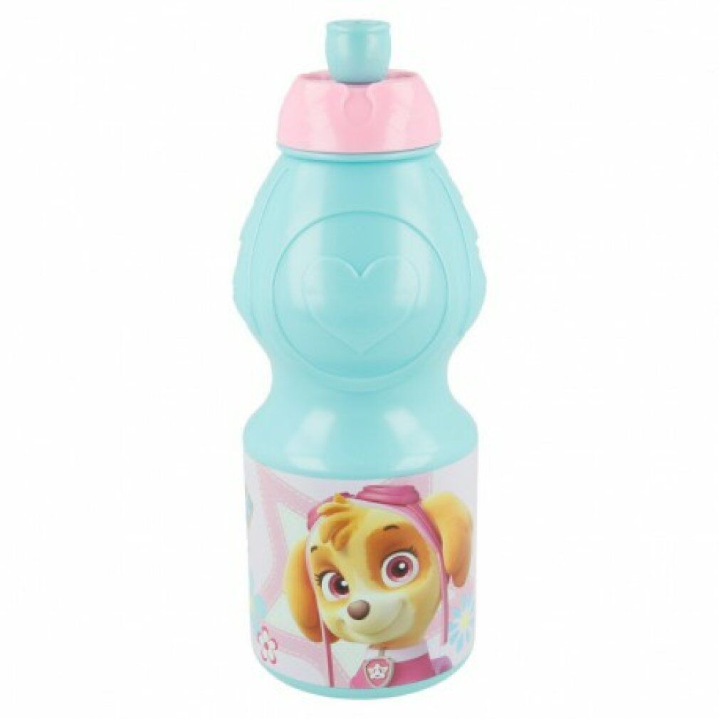 Türkisgrüne Trinkflasche mit rosa Deckel. Aufdruck mit Paw Patrol-Figur. Oben ein Trinkverschluss.