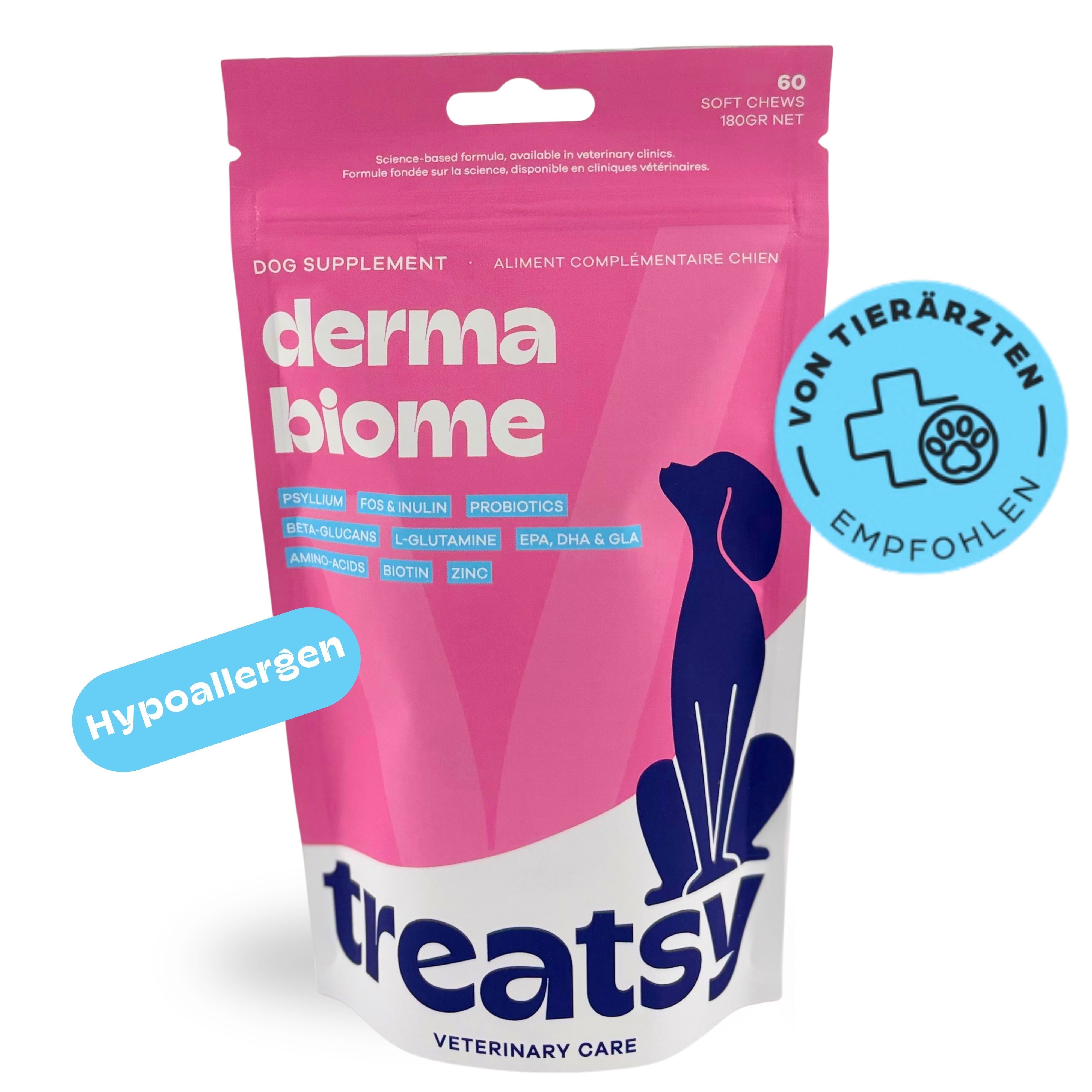 Rosa Beutel mit „derma biome“ und „Treatsy“. Mit „Von Tierärzten empfohlen“ Aufkleber.