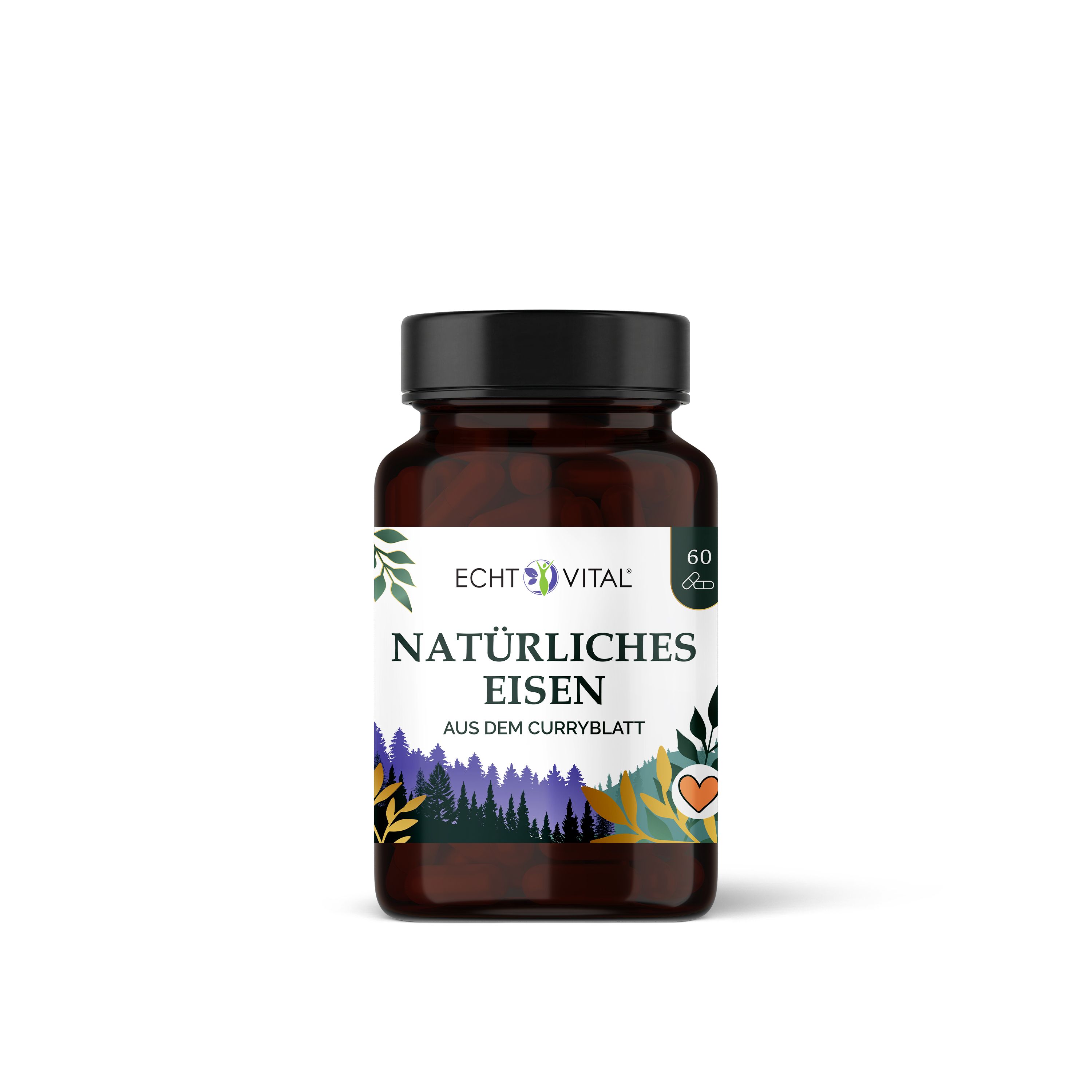 Braune Flasche mit Kapseln. Aufschrift: Echt Vital, Natürliches Eisen. 60 Kapseln. Mit Curryblatt.