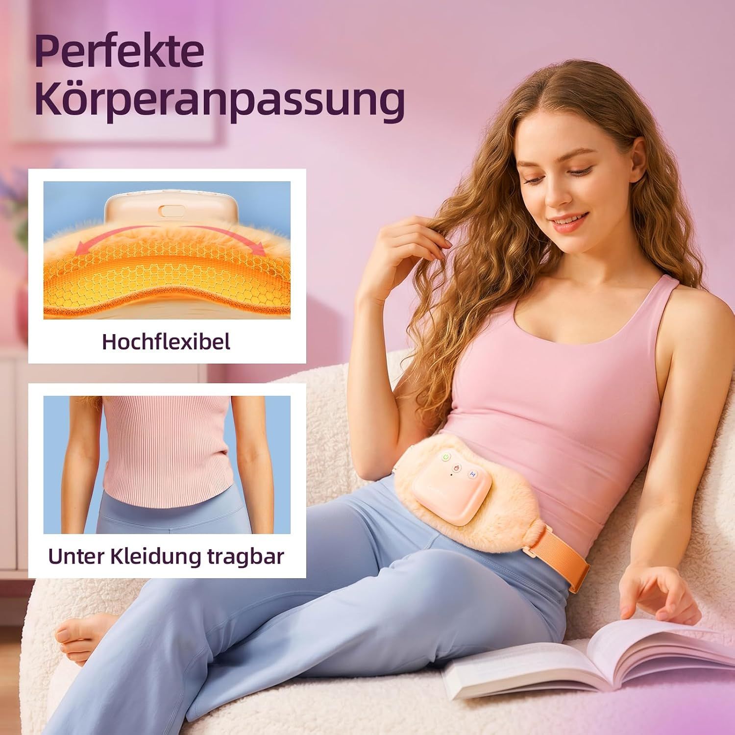 Frau trägt ein flexibles, beiges Heizkissen unter Kleidung.