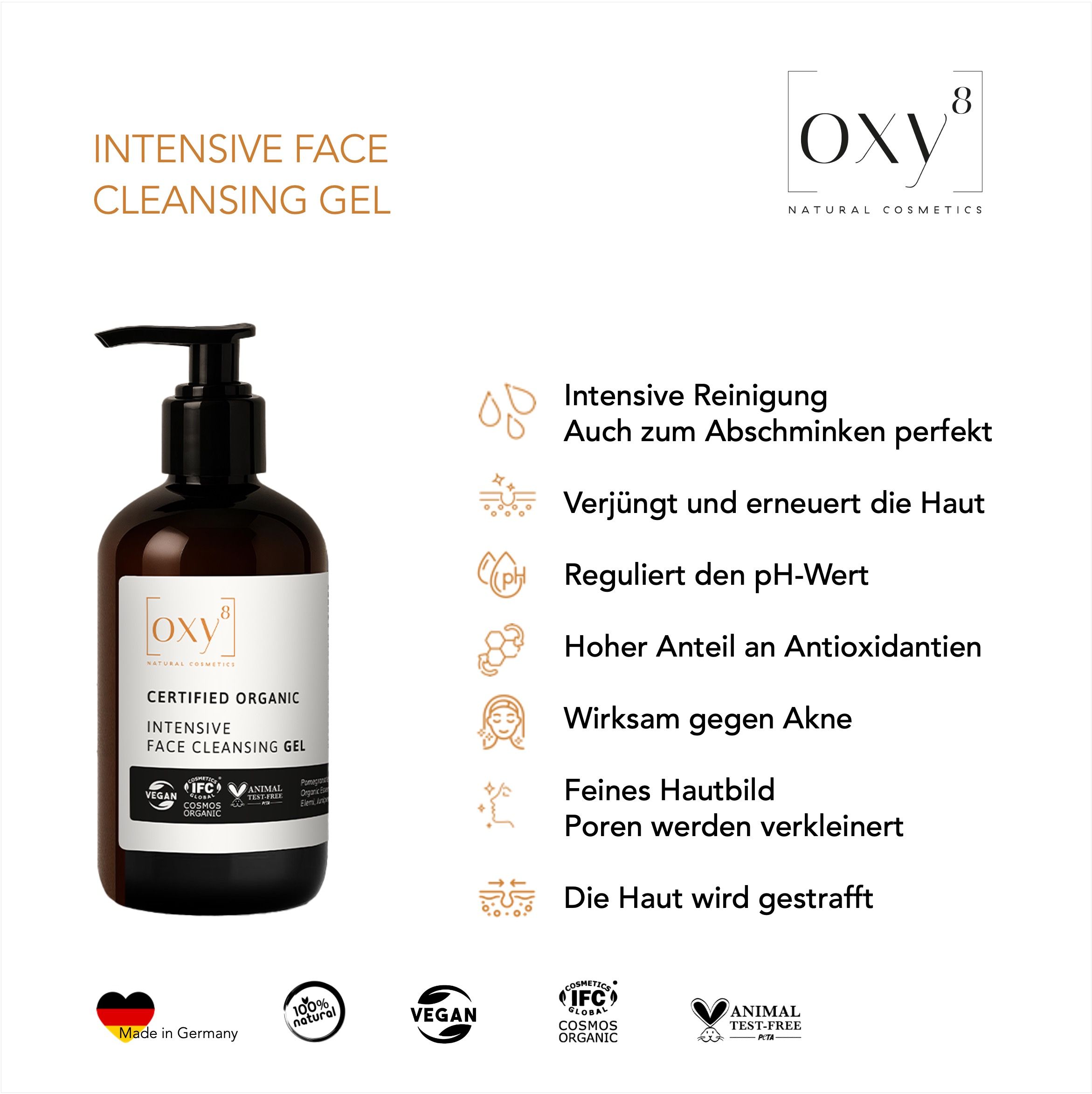Eine Flasche Reinigungsgel mit schwarzem Pumpverschluss. Text: Intensive Face Cleansing Gel, Vegan, IFC, Cosmos Organic.