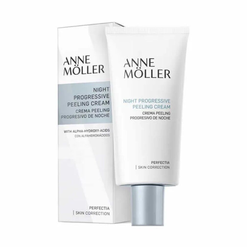 Produktverpackung: Tube und Schachtel. Tube: weiß, silberner Verschluss. Schachtel: weiß, Aufschrift: Anne Möller, Night Progressive Peeling Cream.