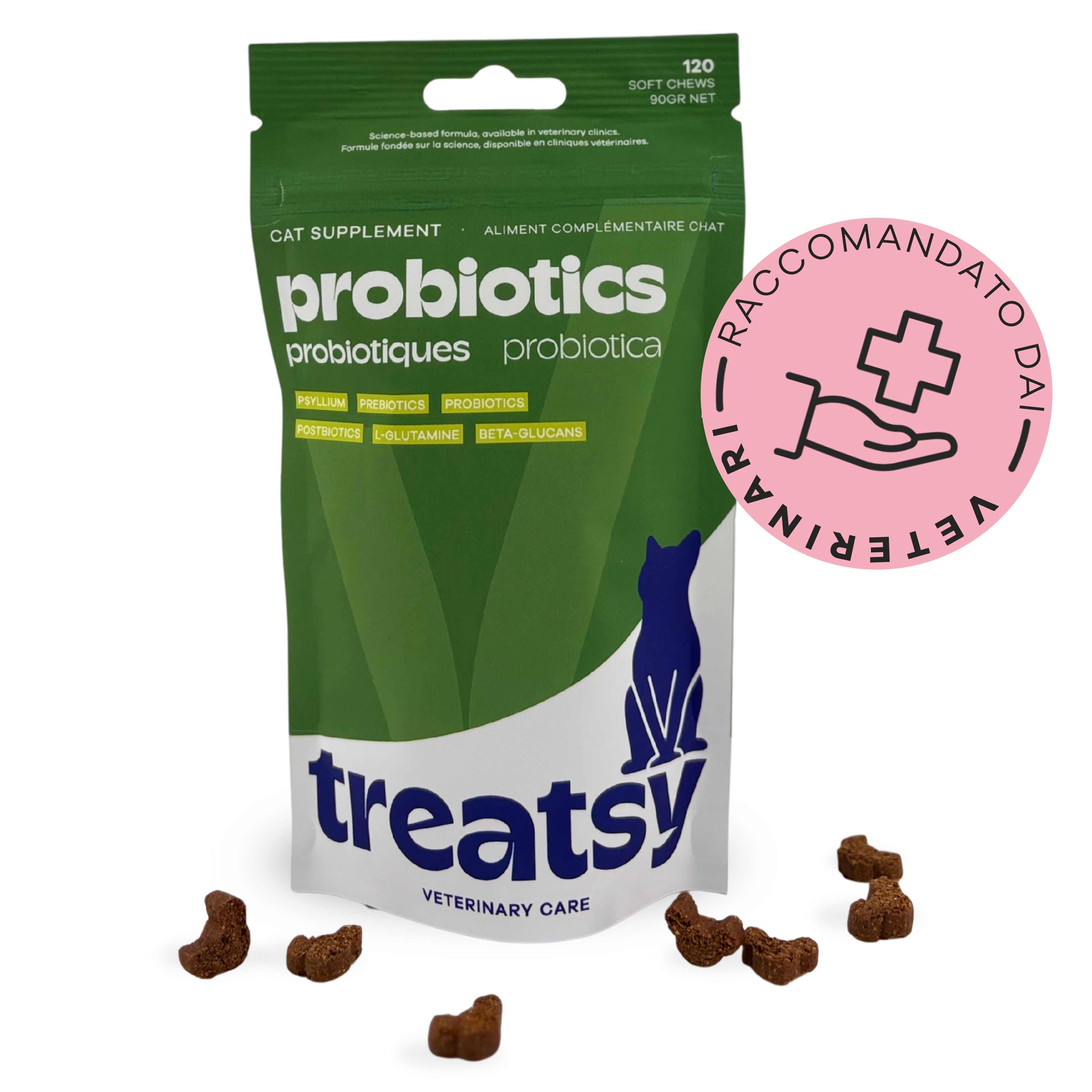 Grüner Beutel mit „Probiotics“ für Katzen. Braune, mausförmige Leckerlis. Text: Treatsy. Text: Empfohlen von Tierärzten.