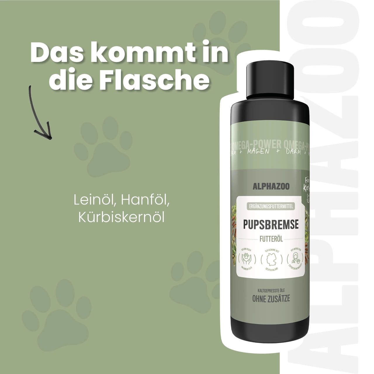 Flasche mit grünem Hintergrund. Text: Das kommt in die Flasche. Leinöl, Hanföl, Kürbiskernöl. alphazoo Logo.