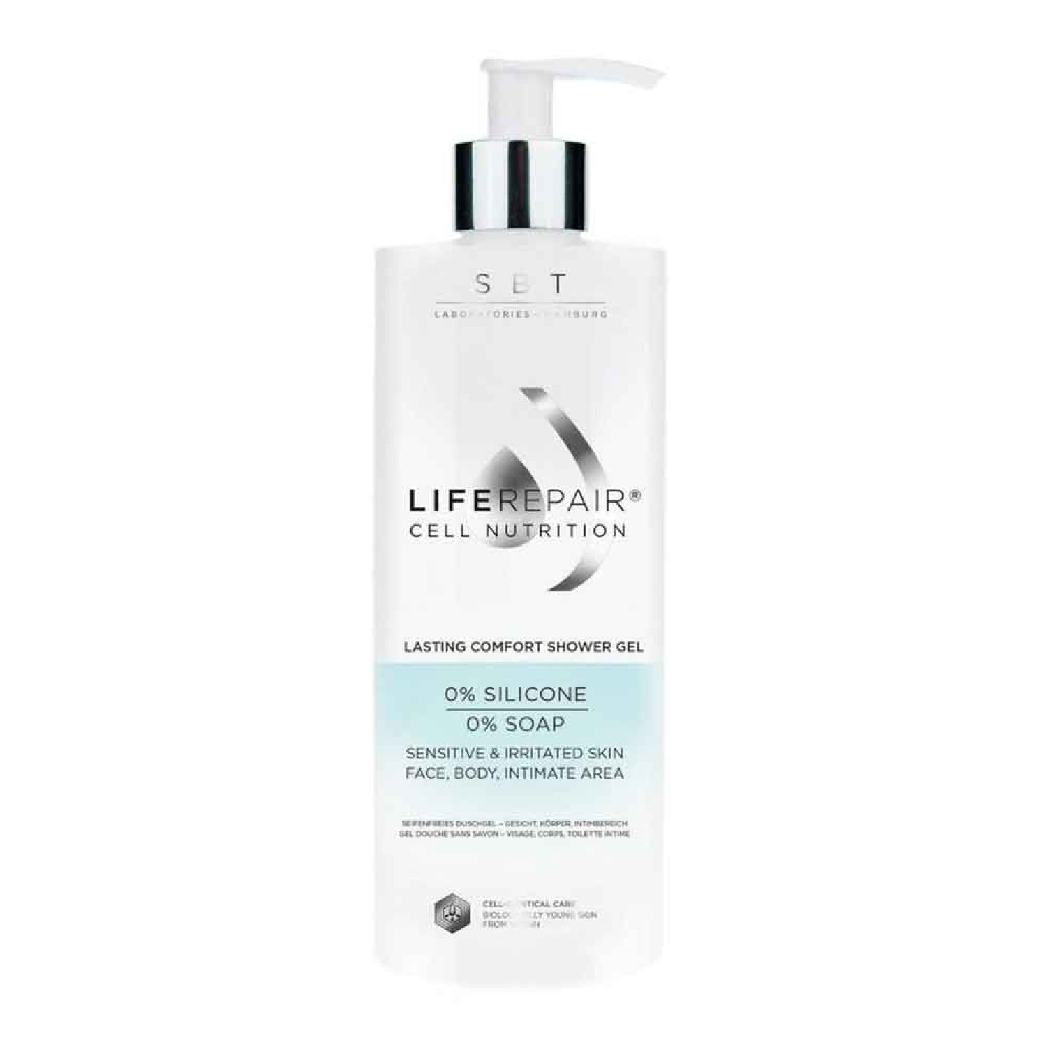 Weißes Duschgel mit Pumpe. Aufschrift: LIFE REPAIR CELL NUTRITION. 0% Silikon, 0% Seife. Für sensible Haut.