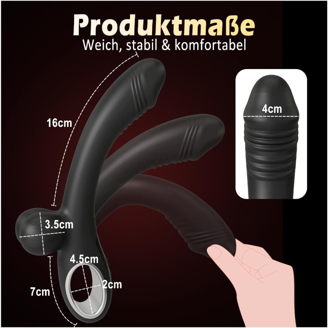 Schwarzer Vibrator mit Maßen: 16cm Länge, 7cm Basisbreite, 4,5cm Griffbreite, 3,5cm Griffhöhe, 2cm Ringdurchmesser.