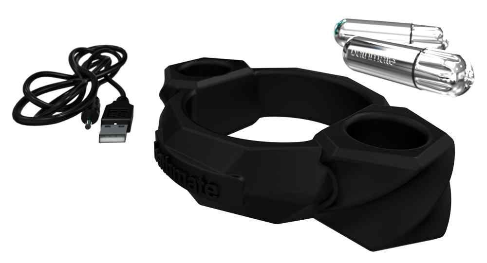 Schwarzes Gerät, zwei silberne Aufsätze, USB-Kabel. Aufschrift "bathmate".