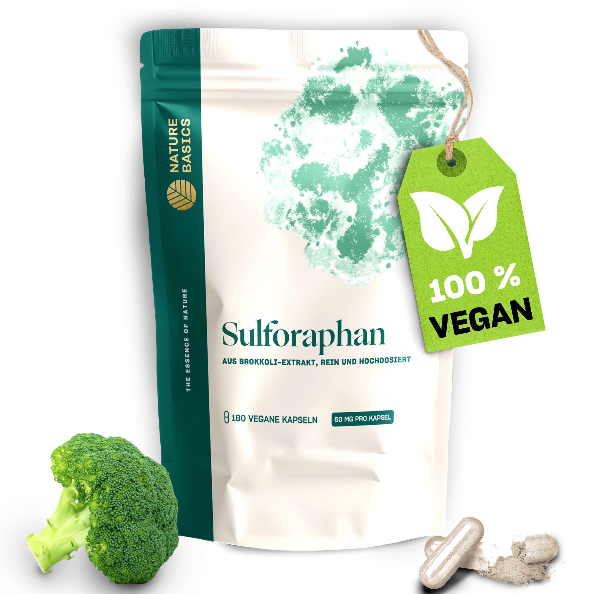 Beutel mit Kapseln und Brokkoli. Aufschrift: Sulforaphan. Text: 180 vegane Kapseln. Label: 100% vegan.