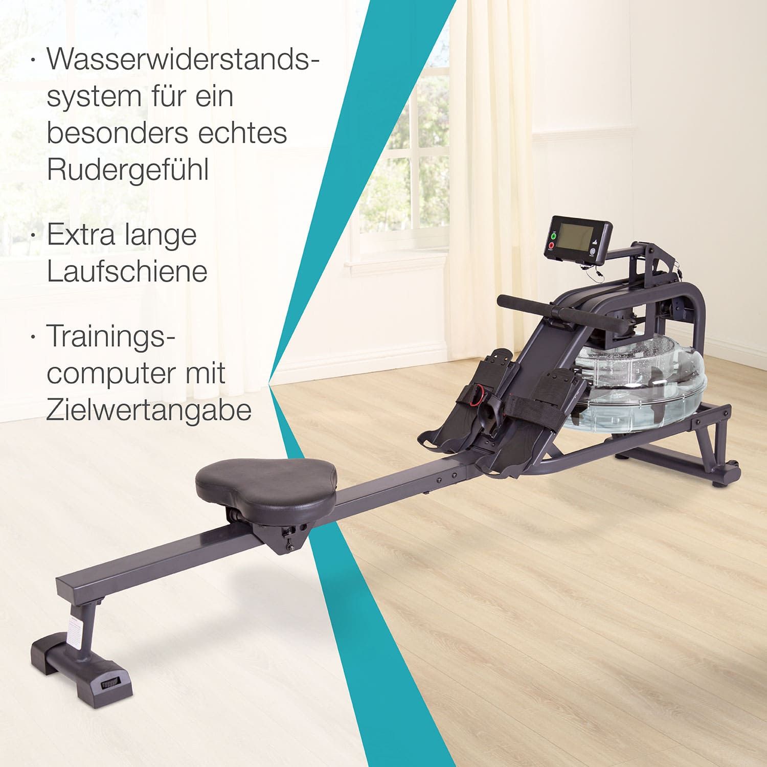 Rudergerät mit Wasserbehälter, Sitz, Fußstützen und Display. Text: Wasserwiderstandssystem, extra lange Laufschiene, Trainingscomputer.