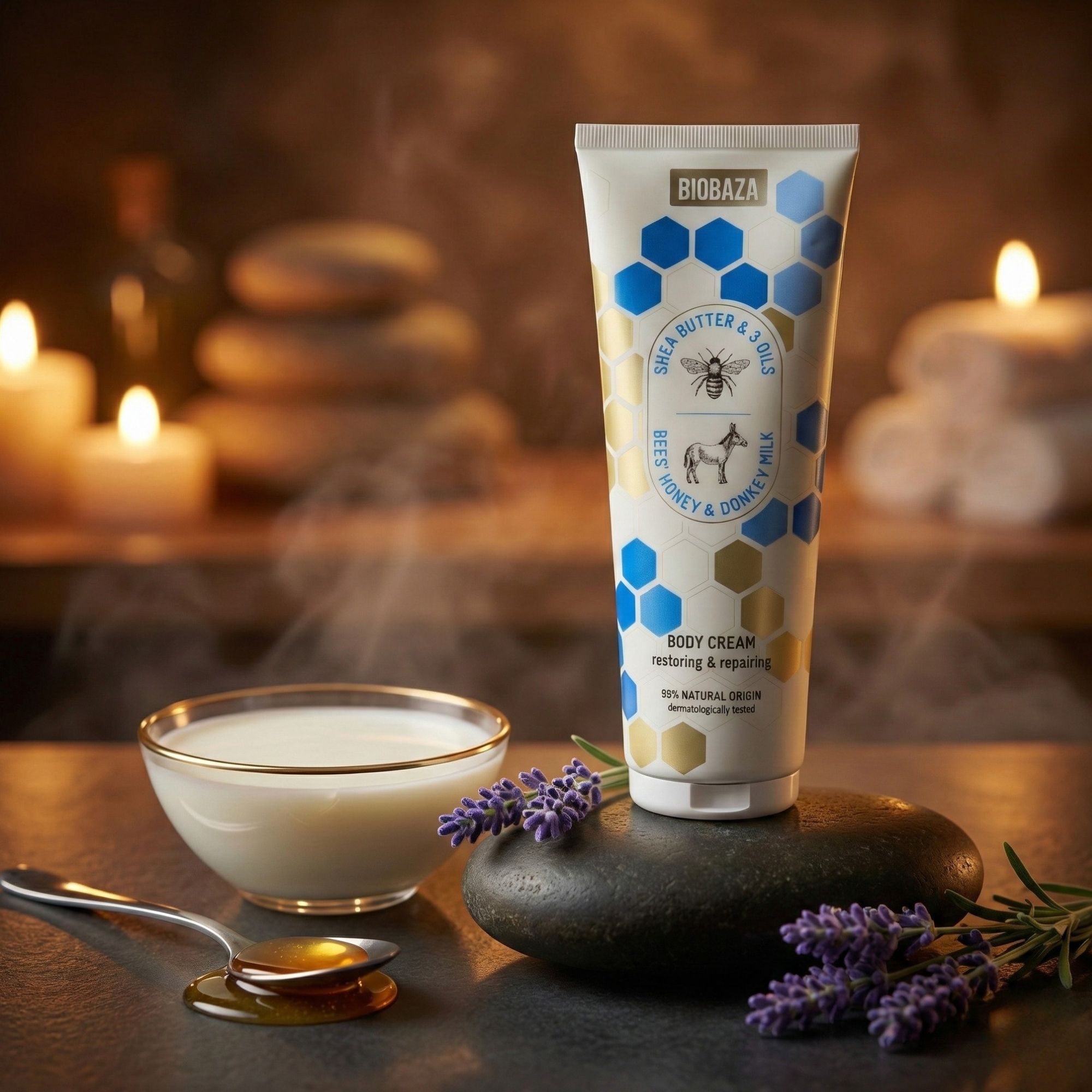 Creme-Tube mit Honigwaben-Design. Aufschrift: Shea Butter & 3 Öle, Bienen, Honig & Eselsmilch. Zusätzliche Elemente: Milch, Honig, Lavendel.