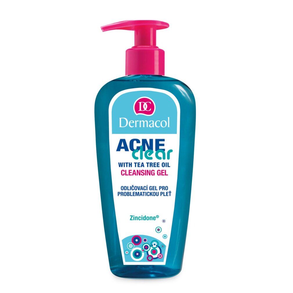 Blau-transparente Flasche mit rosa Pumpe. Aufkleber mit Logo und Schriftzug 'ACNE clear'. Enthält Teebaumöl. 'Reinigungsgel'.