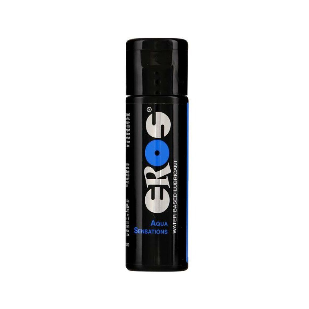 Schwarze Flasche mit blauem Etikett. Aufschrift: EROS, Aqua Sensations, Water Based Lubricant.