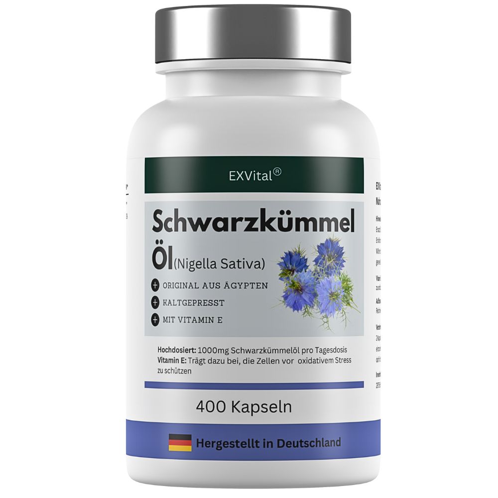 Flasche EXVital Schwarzkümmelöl Kapseln, 400 Stück, hergestellt in Deutschland.