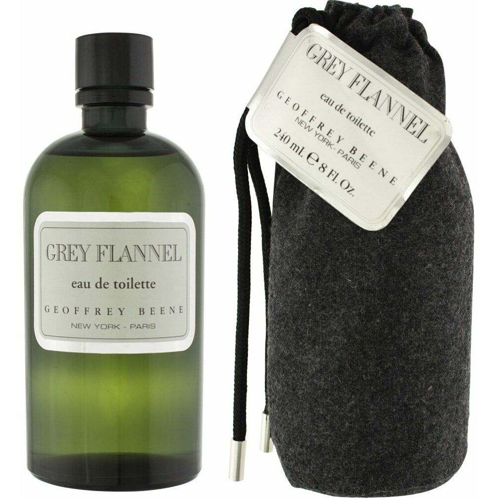 Grauer Flakon mit Etikett "Grey Flannel eau de toilette" und Beutel mit Etikett. Volumen: 240 ml.