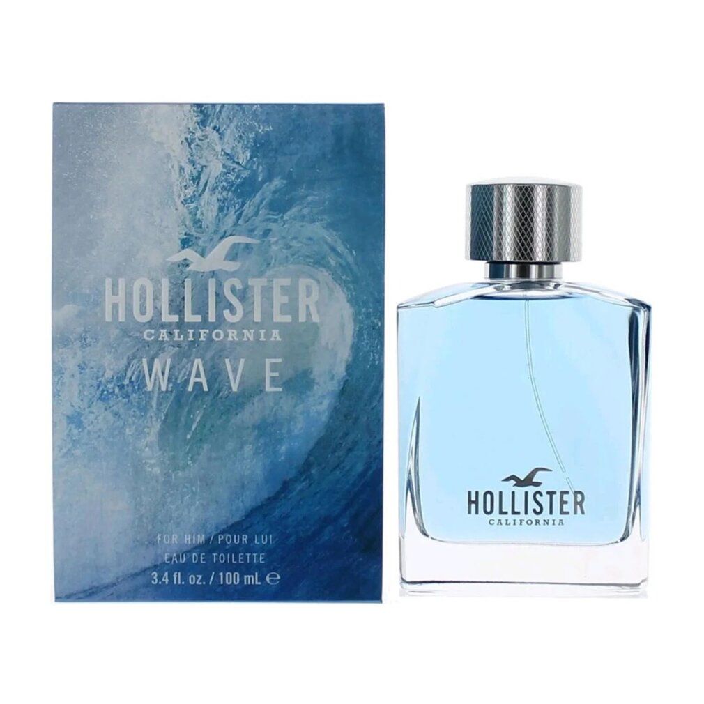 Hollister Wave Flakon und Verpackung. Rechteckiger Flakon mit silbernem Deckel. Blaue Flüssigkeit. Verpackung mit Wellenmotiv und Text.