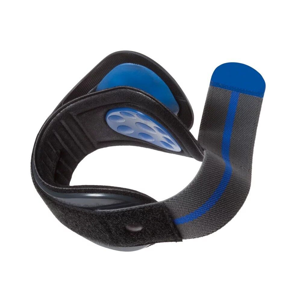 Thuasne Epi-med® Promaster Epicondylitis-Orthese. Schwarz-grau mit blauen Akzenten. Klettverschluss, Silikonpolster sichtbar.