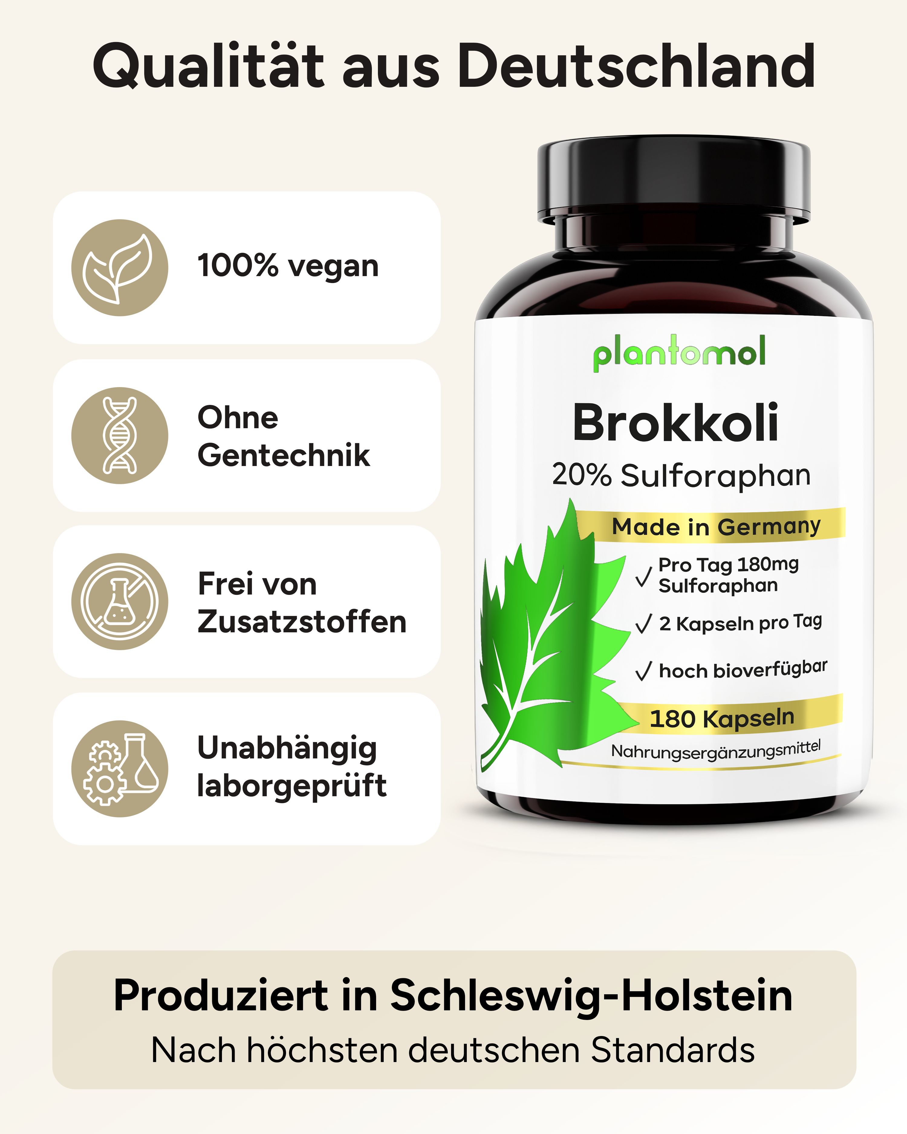 Schwarze Flasche mit weißem Etikett. Aufschrift: plantomol Brokkoli 20% Sulforaphan. 100% vegan, ohne Gentechnik, ohne Zusatzstoffe.