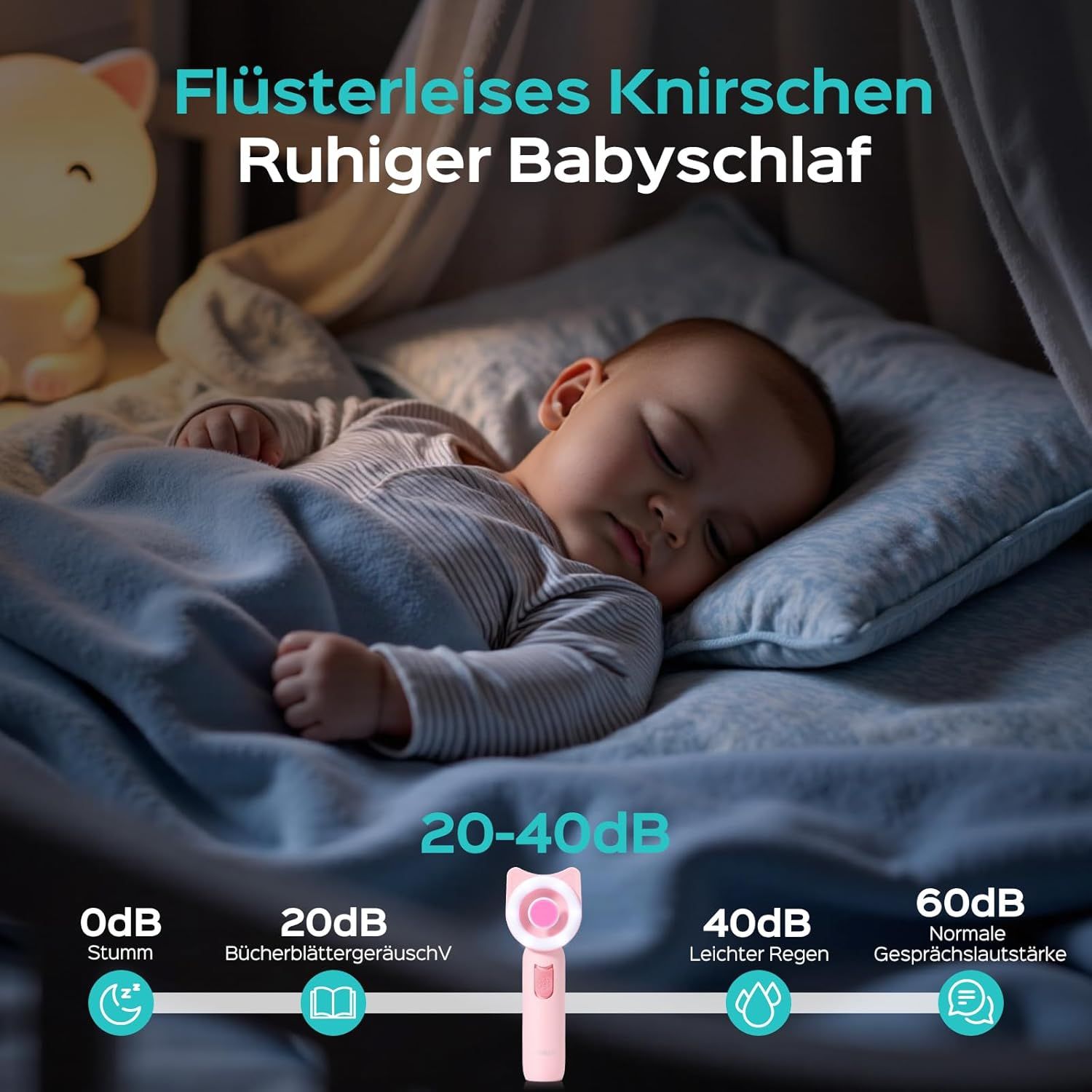 Baby schläft. Rosa Nagelpflegeset mit LED-Ringlicht. Geräuschpegel: 20-40dB.