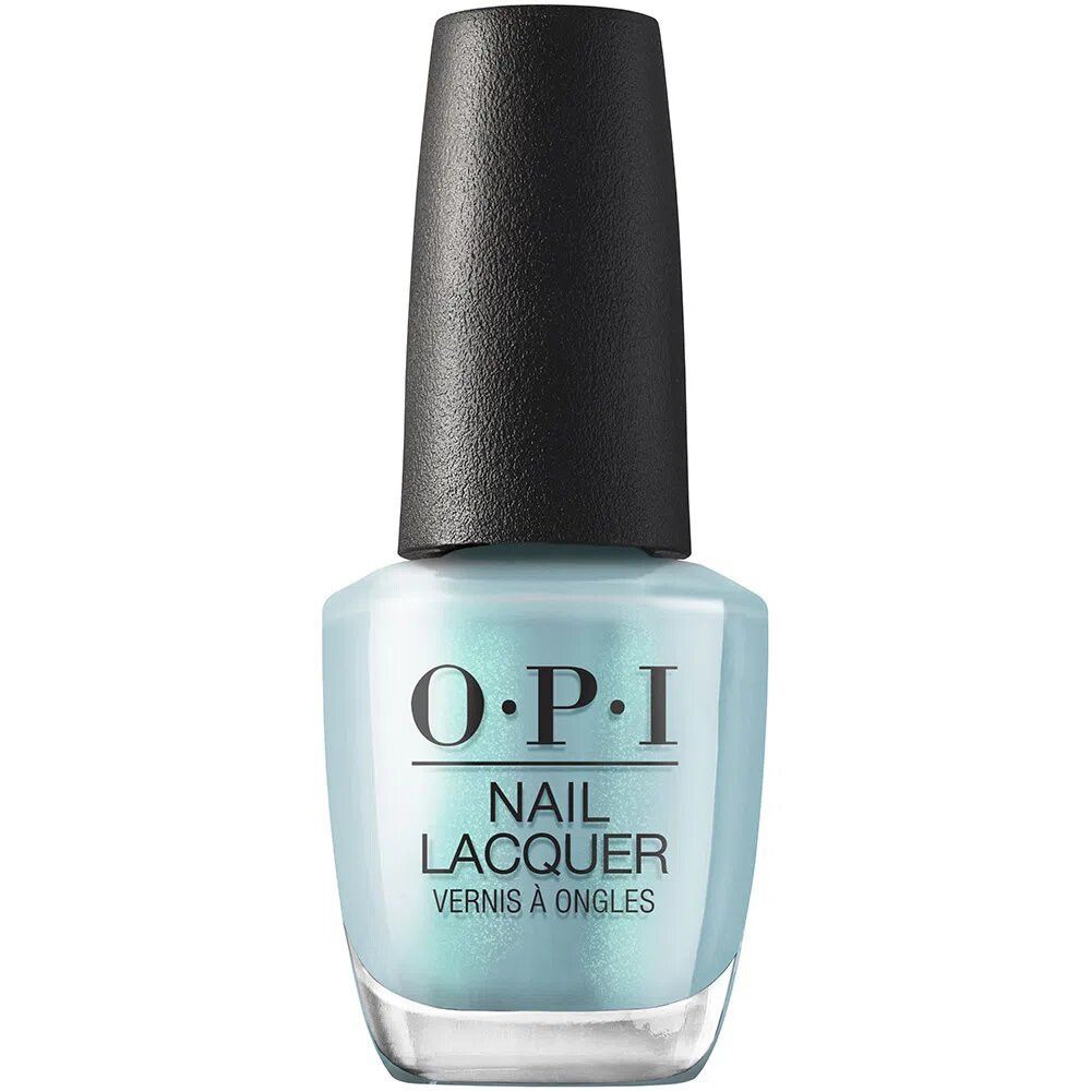 OPI Nagellackflasche. Hellblau mit schwarzem Deckel. Produktname und Marke deutlich sichtbar.