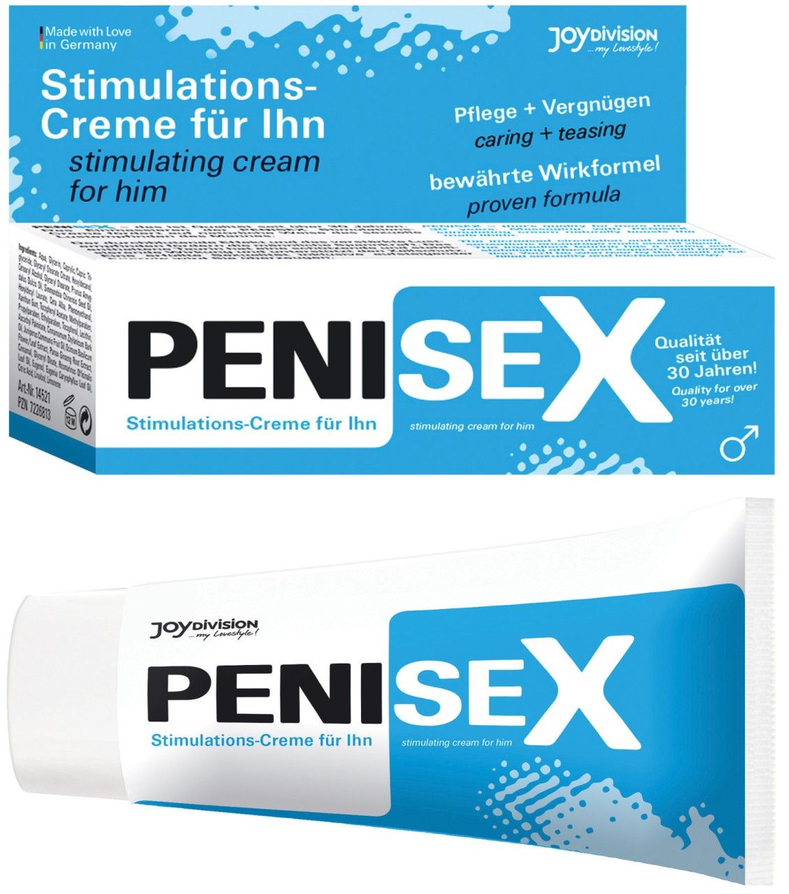 Produktverpackung und Tube. Aufschrift PENISEX, Stimulations-Creme für ihn. Blaue und weiße Farbgebung. Marke Joydivision.