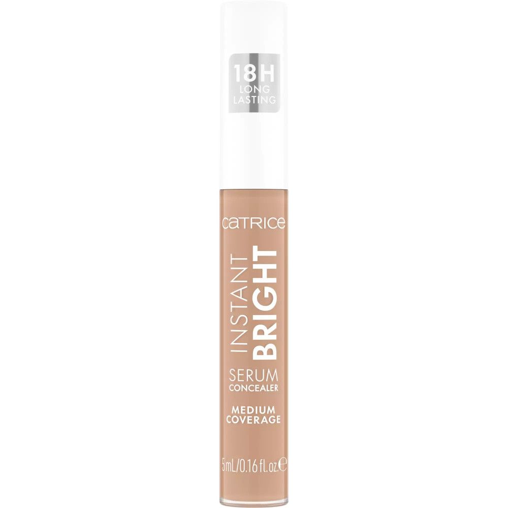 Concealer-Tube mit weißem Deckel. Aufschrift: Catrice, Instant Bright Serum Concealer, Medium Coverage, 18H Long Lasting.