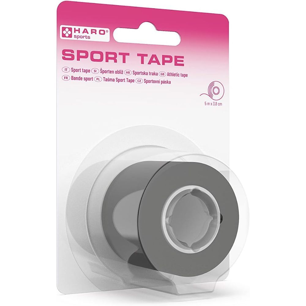 Haro Sport Tape in Verpackung. Rolle graues Tape, 5 m x 2,5 cm. Rosa-weiße Verpackung mit Produktnamen und Logo.