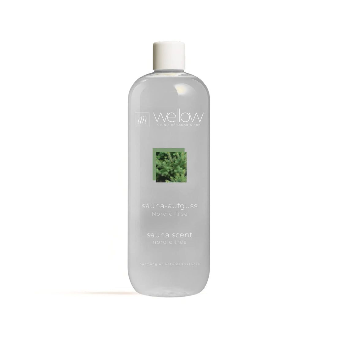 Transparente Flasche mit weißem Deckel. Aufdruck: Wellow, Sauna-Aufguss Nordic Tree, Sauna Scent Nordic Tree.