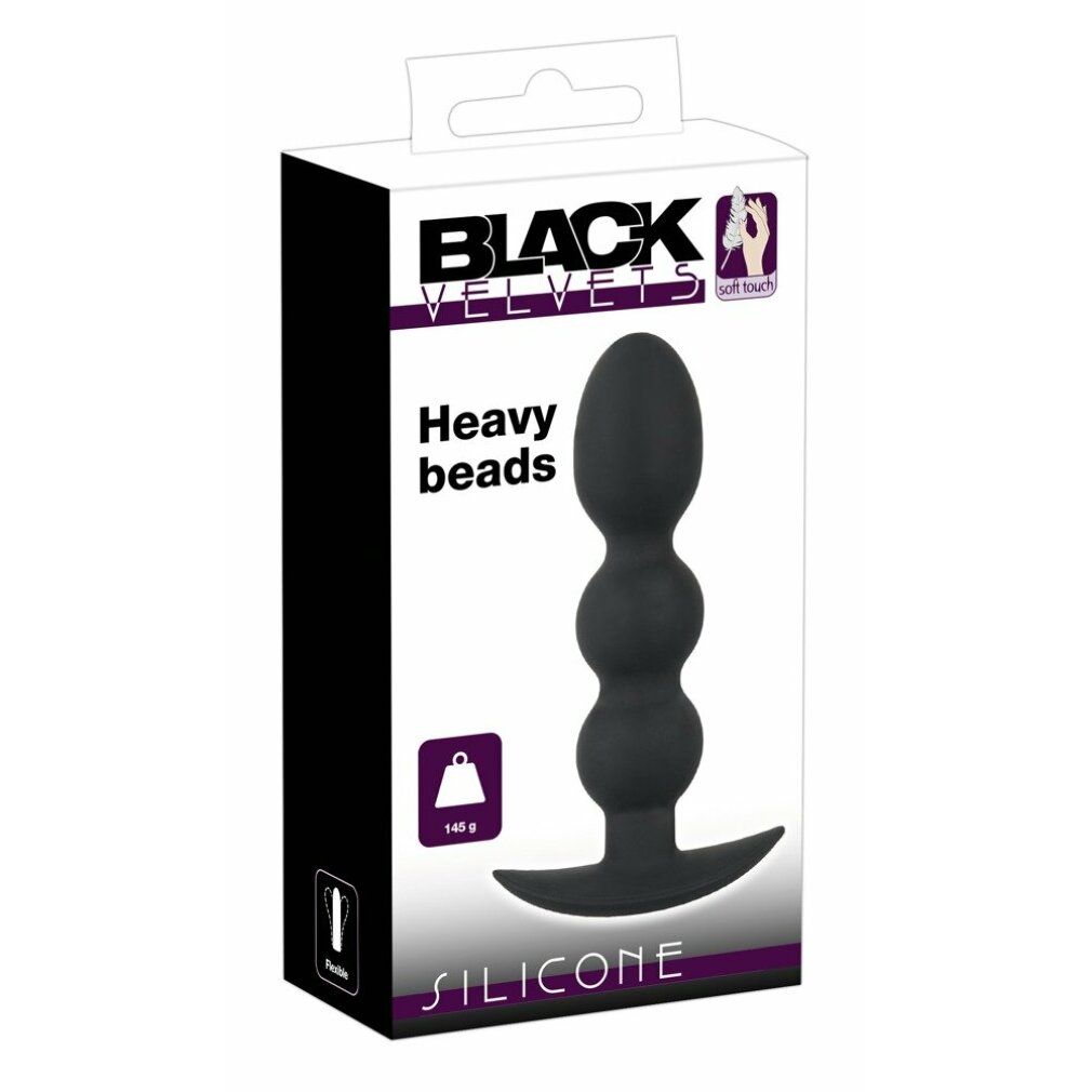Verpackung eines schwarzen Analplugs mit drei Kugeln, "Heavy beads" und "Silicone".