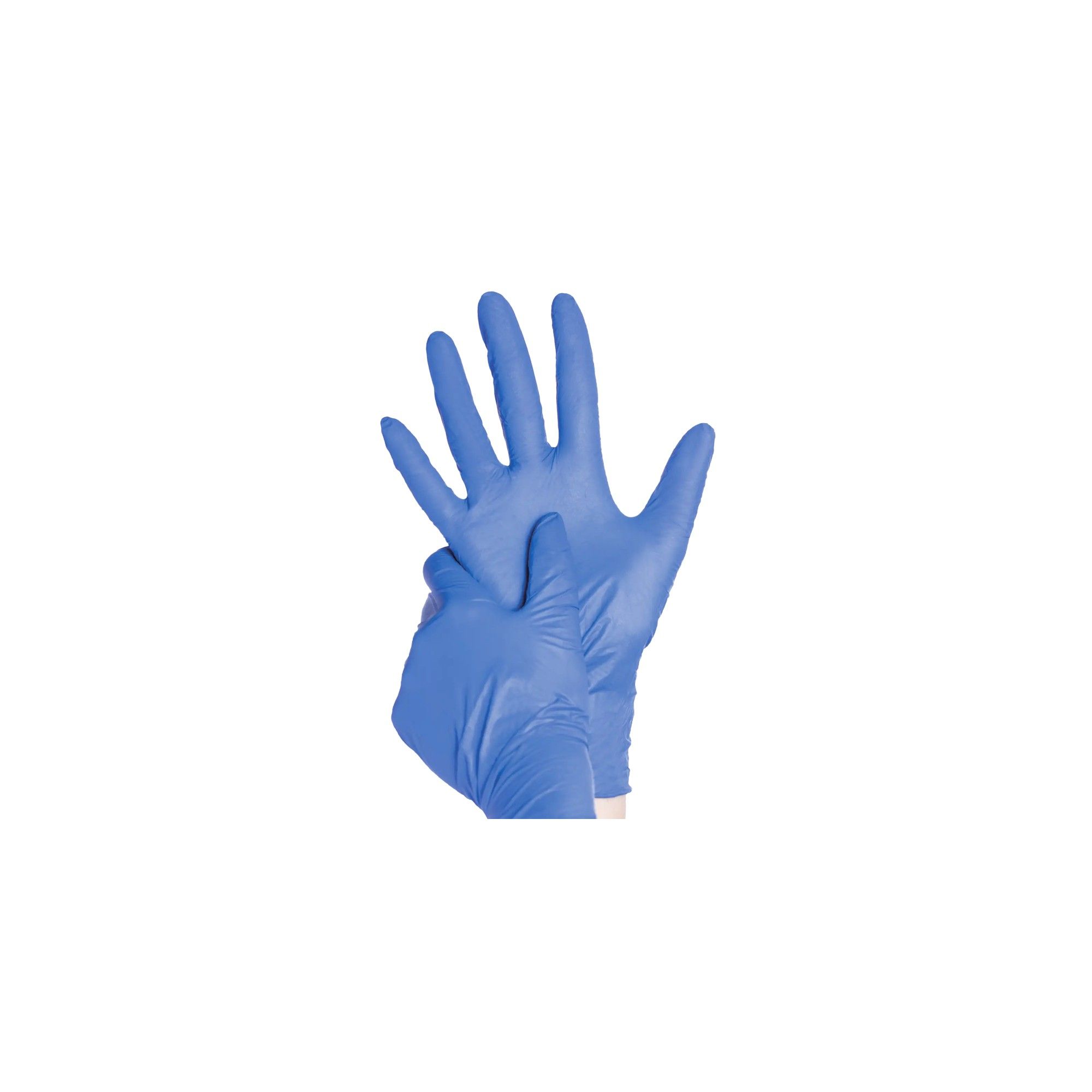 Zwei blaue Nitril-Untersuchungshandschuhe, eine Hand wird in die andere gesteckt.