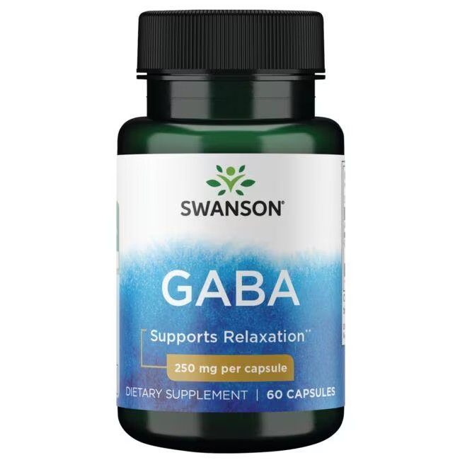 Grüne Flasche mit weißem Etikett. Aufschrift: SWANSON GABA, 250 mg pro Kapsel, 60 Kapseln. Blauer Hintergrund.