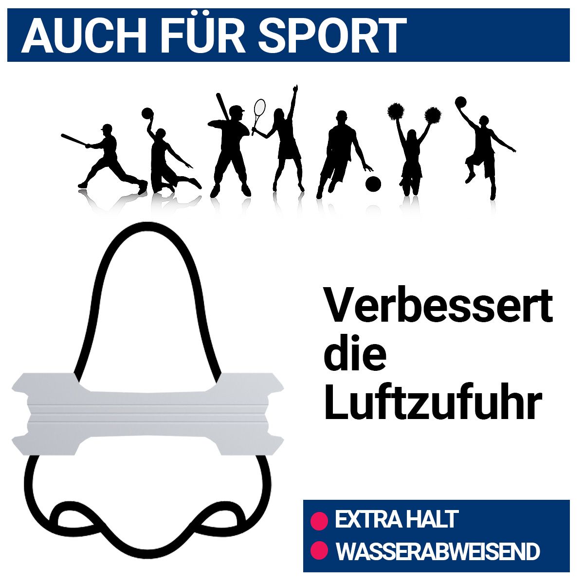 Illustration einer Nase mit Nasenpflaster und schwarzer Halterung. Text: Verbessert die Luftzufuhr. Auch für Sport.
