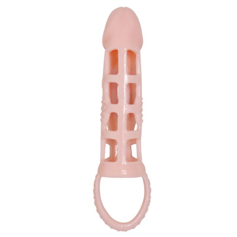 Rosa Penis-Extender-Cover mit rechteckigen Öffnungen. Mit einem Gurt am unteren Ende.