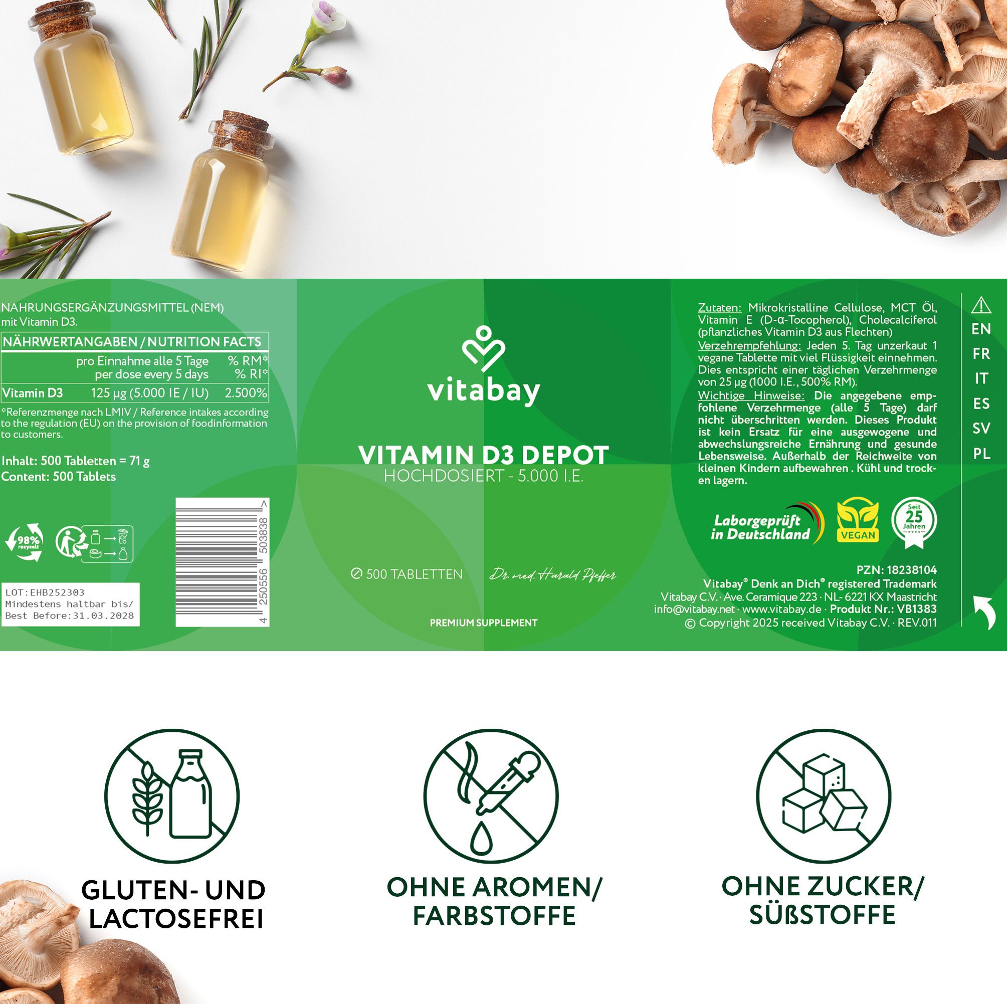 Rückseite der "Vitabay Vitamin D3 Depot" Verpackung. Text: Nährwertangaben, Inhaltsstoffe, gluten- und lactosefrei.