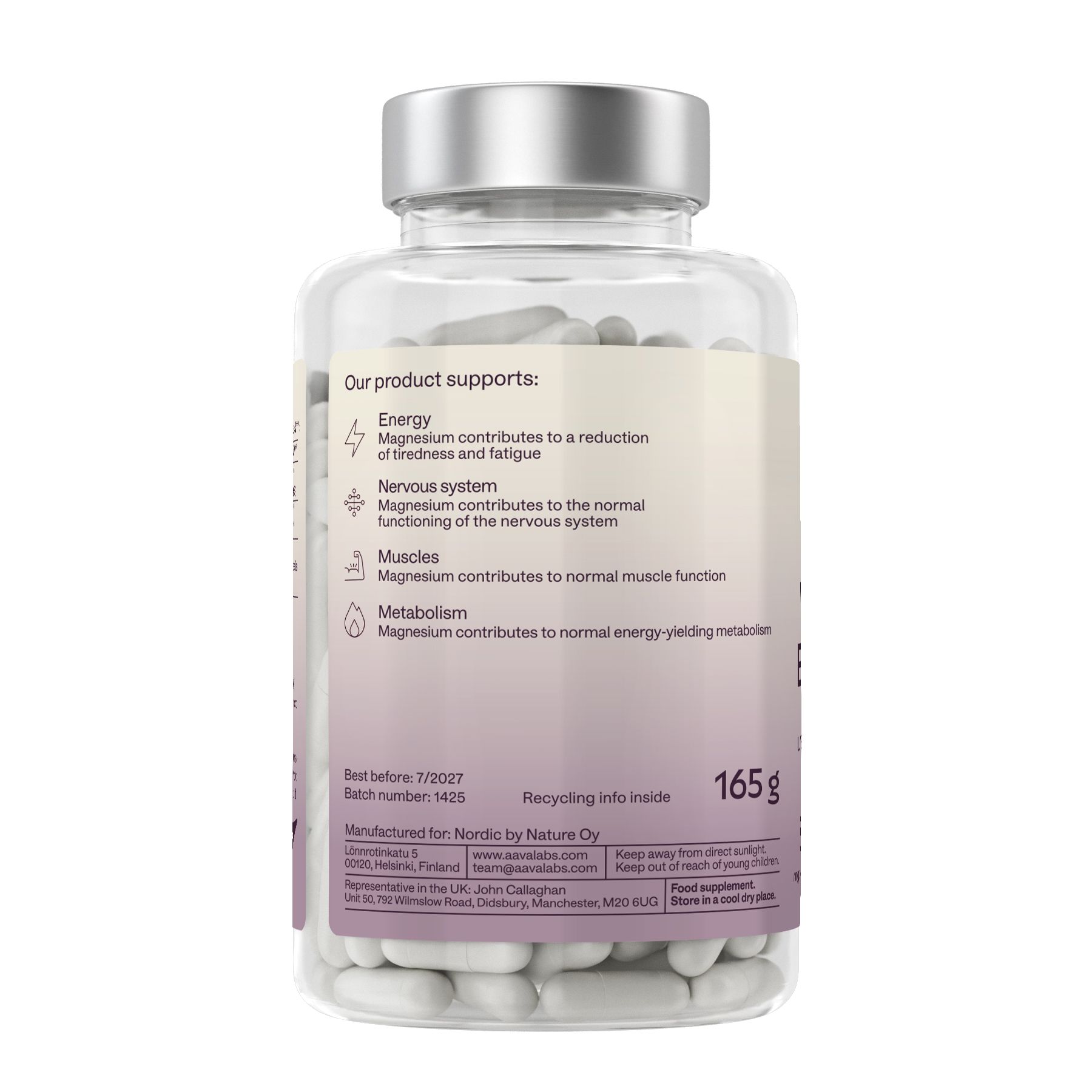 Rückseite der Flasche mit weißen Kapseln. Etikett mit Produktinformationen. 165 g.