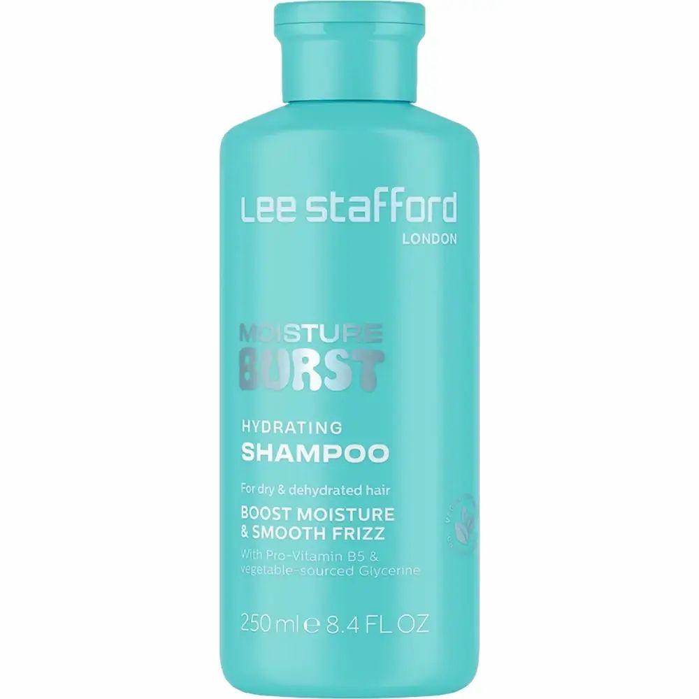 Türkisgrüne Shampoo-Flasche. Aufschrift: Moisture Burst Hydrating Shampoo. Marke: Lee Stafford. 250ml.